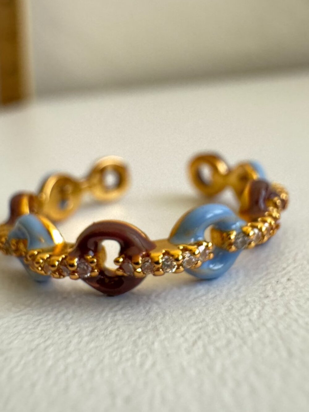 925 Sterling Silver Gold Plated Enamel Ring w/ Zirconia Open Adjustable Dainty - Picture 5 of 6